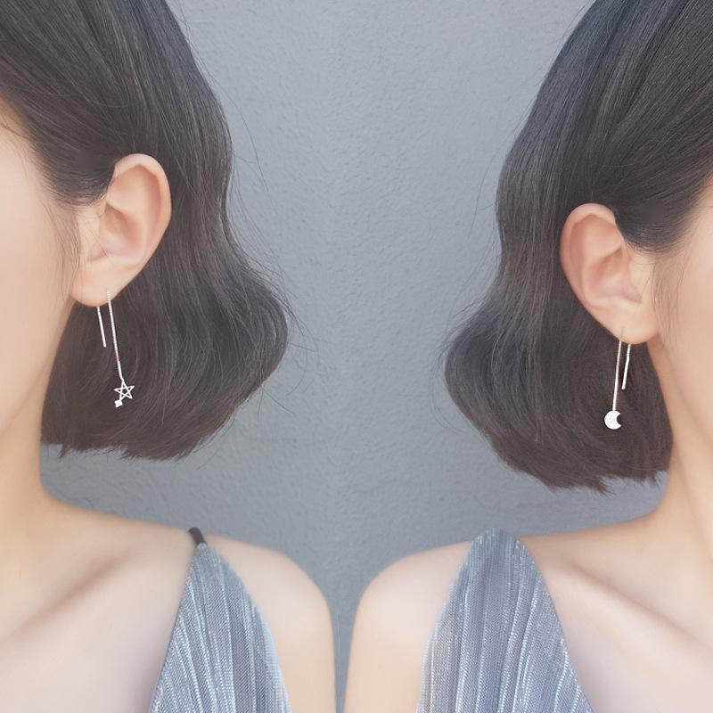 Simple Diamond-Set Star Moon Asymmetric Earrings Zircon Long Fringed Earrings Femininity Earrings