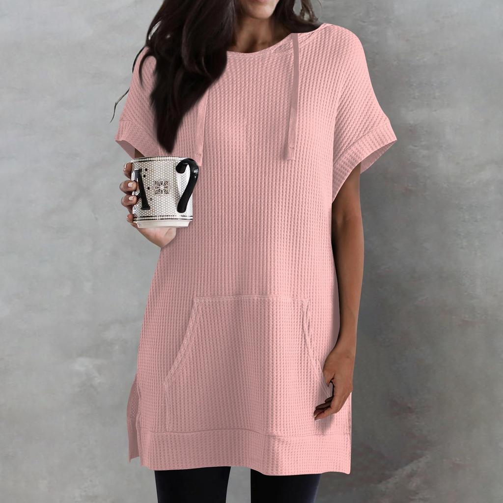 Женские однотонные свободные рубашки, толстовки с короткими рукавами и шнурком, вязаная туника с боковыми разрезами, топы с капюшоном и карманом