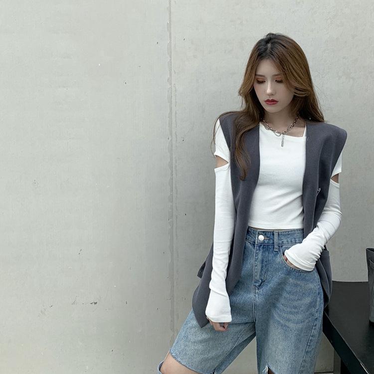 Женский облегающий повседневный топ с длинными рукавами — однотонный и универсальный, с круглым вырезом и ажурной отделкой