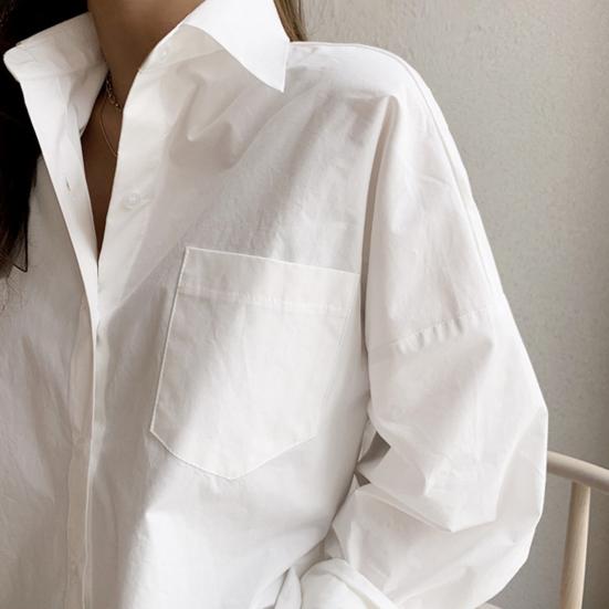 Женская рубашка с лацканами и длинными рукавами, рубашка на пуговицах с накладными карманами, свободная посадка, однотонная повседневная рубашка, рабочая одежда