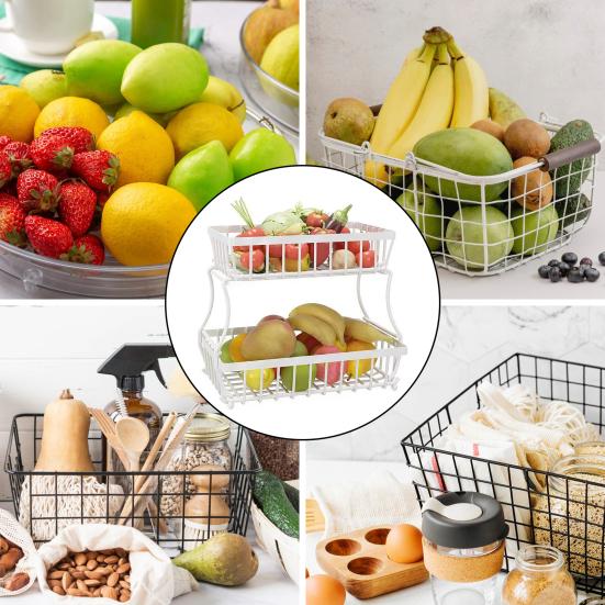 2-уровневая корзина для фруктов на столешнице с вешалками для бананов, большая вместительная прямоугольная подставка для хранения, миски, съемная кухня