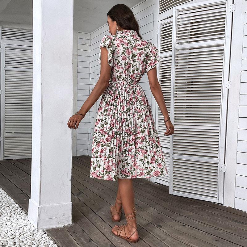 European and American Retro Print Mid-Length White Dress - 2022 Summer Collection