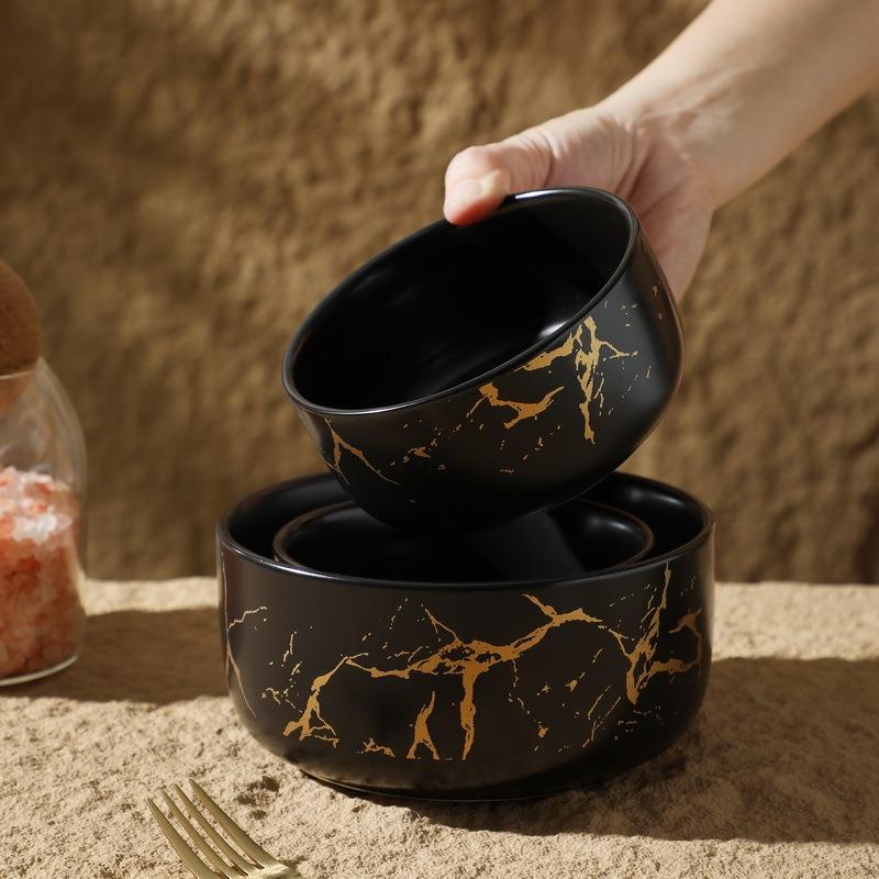 Керамическая Миска Мраморный Узор Лапша Быстрого Приготовления Закусочная Миска Суповая Миска Бытовая Рисовая Пограничная Золотой Фарфор Золотая Отделка