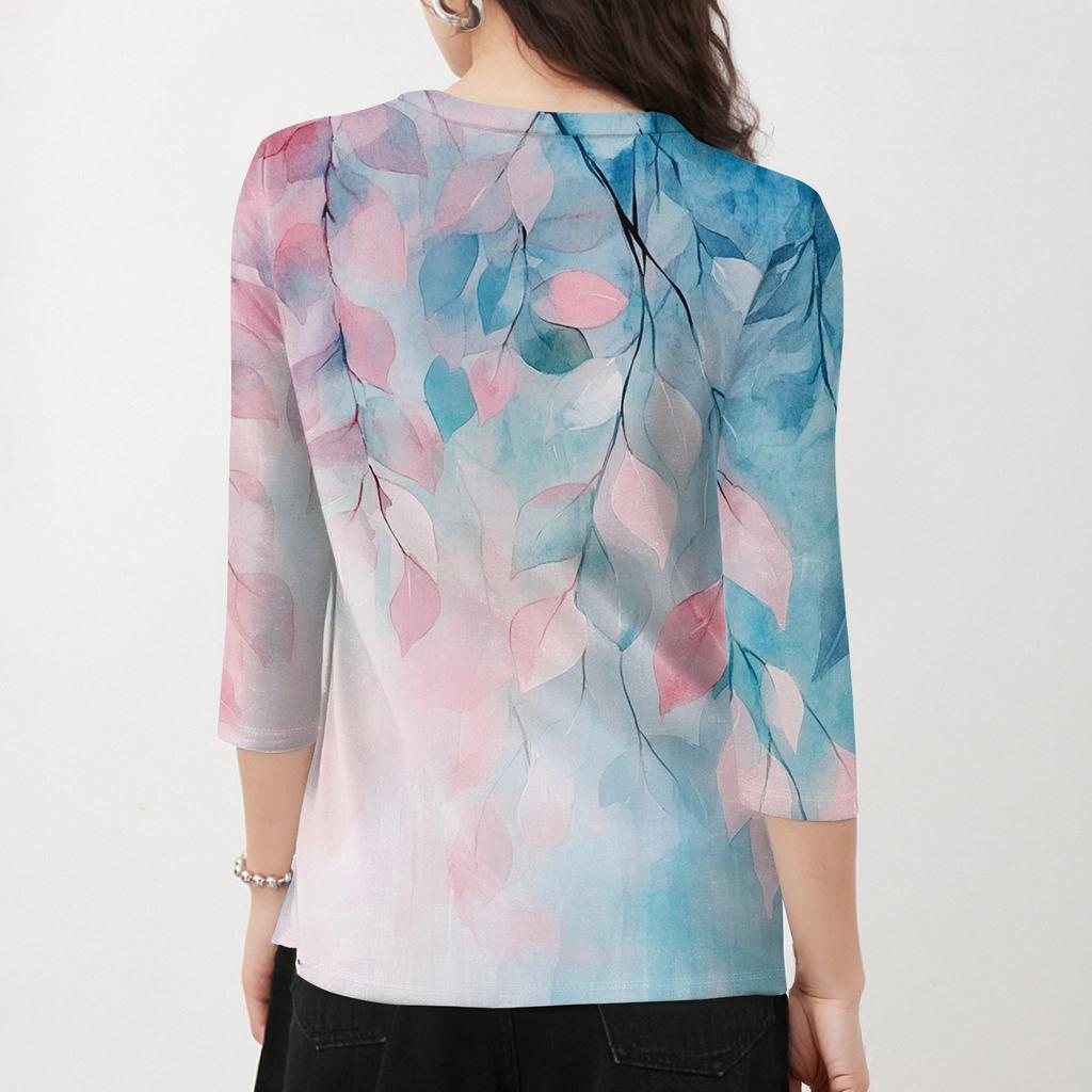 Women's Fashion Casual Round Neck 3/4 Sleeve Loose Printed T-Shirt Ladies Top