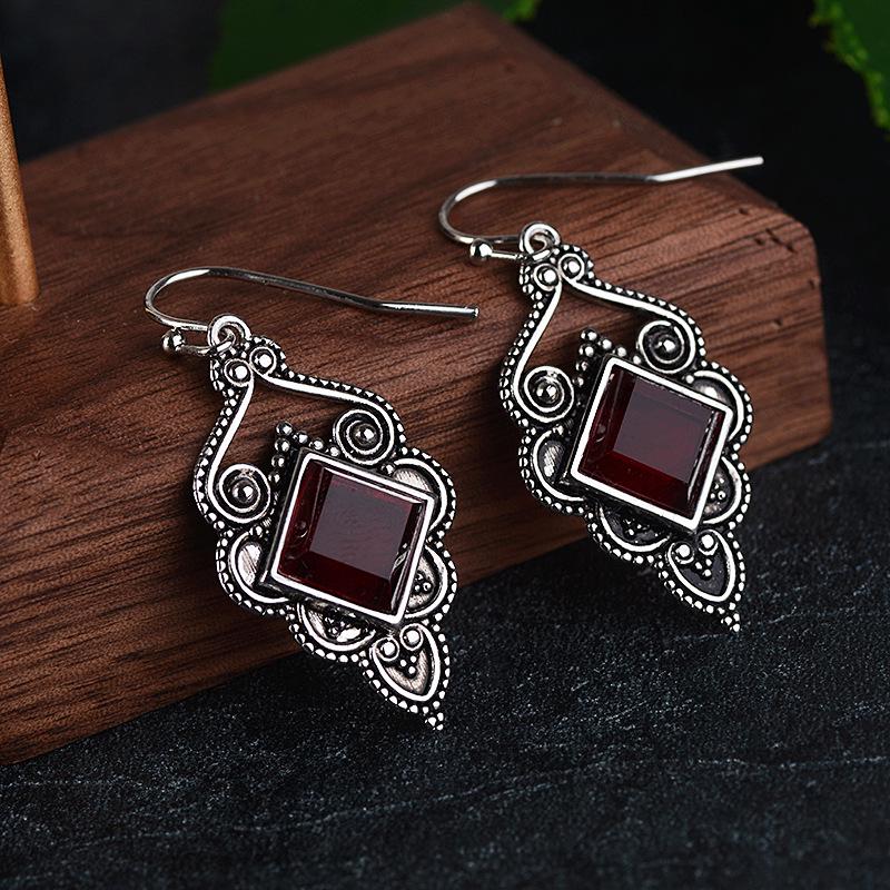 Zhenrong Retro Ruby & Zircon Square Earrings - European & American Style S925 Thai Silver Plated