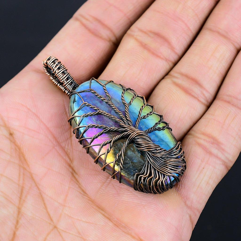 Древо Жизни Радужный Кварц Драгоценный Камень Чистая Медная Проволока Обернутая Ювелирные Изделия Кулон Ручной Работы