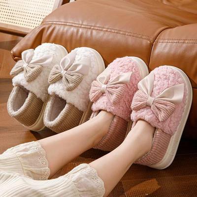 Женские зимние хлопковые нескользящие тапочки с бантом