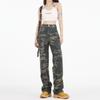 Army Green Camouflage Tooling Jeans High Street Design Hip Hop Sweet and Spicy Retro Wide-leg Casual Straight Pants