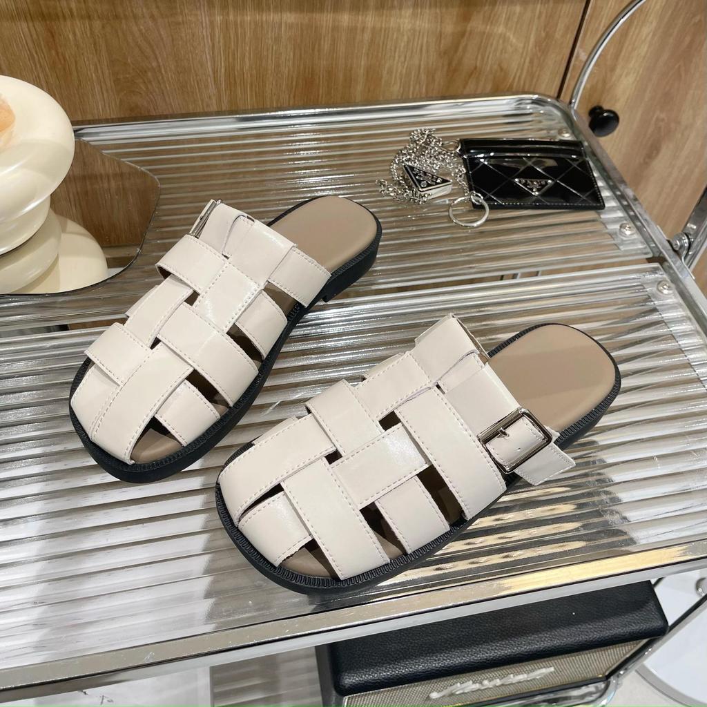 Retro Women Genuine Leather Mules Round Toe Flat Sandals Buckle Slippers Ladies Fashion Casual Shoes Summer