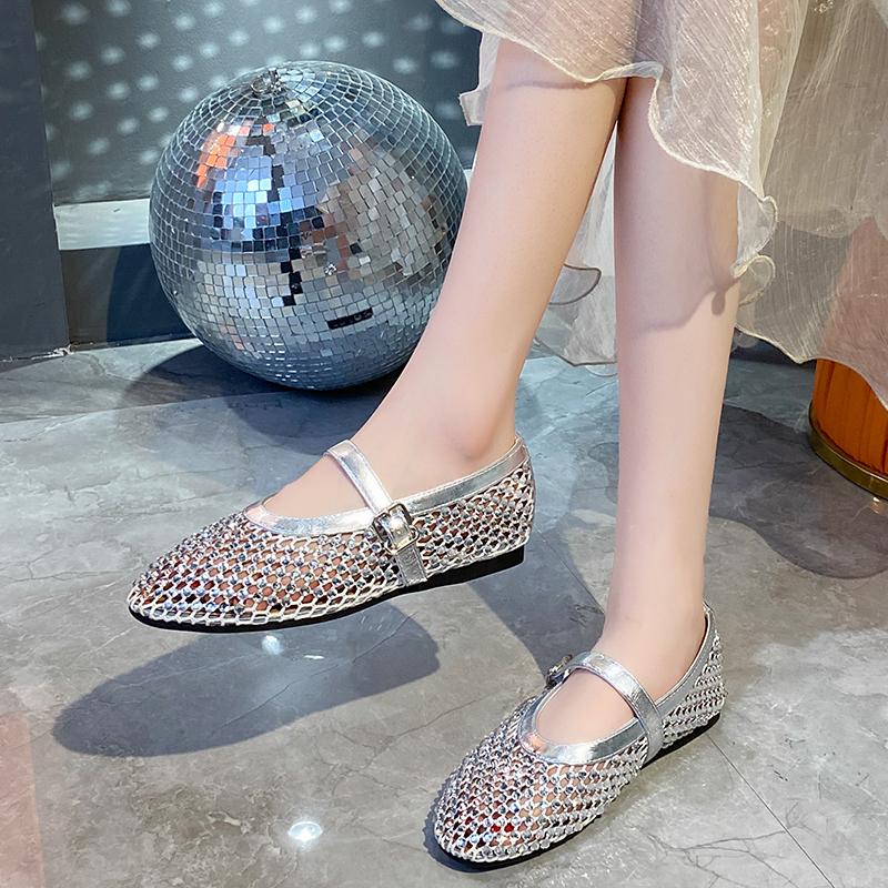 Women Sandals Mesh Breathable Rhinestone Fashion Versatile Sandals Women New Foreign Style Flat Soft Soled Mary Jane Shoes Women