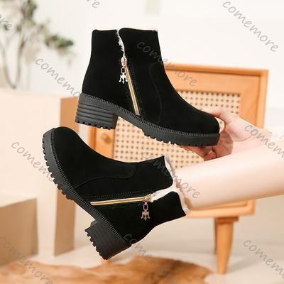 Модные зимние ботильоны Comemore на квадратном каблуке, из хлопка, модные замшевые утепленные теплые зимние ботинки, повседневные ботильоны на платформе с боковой молнией