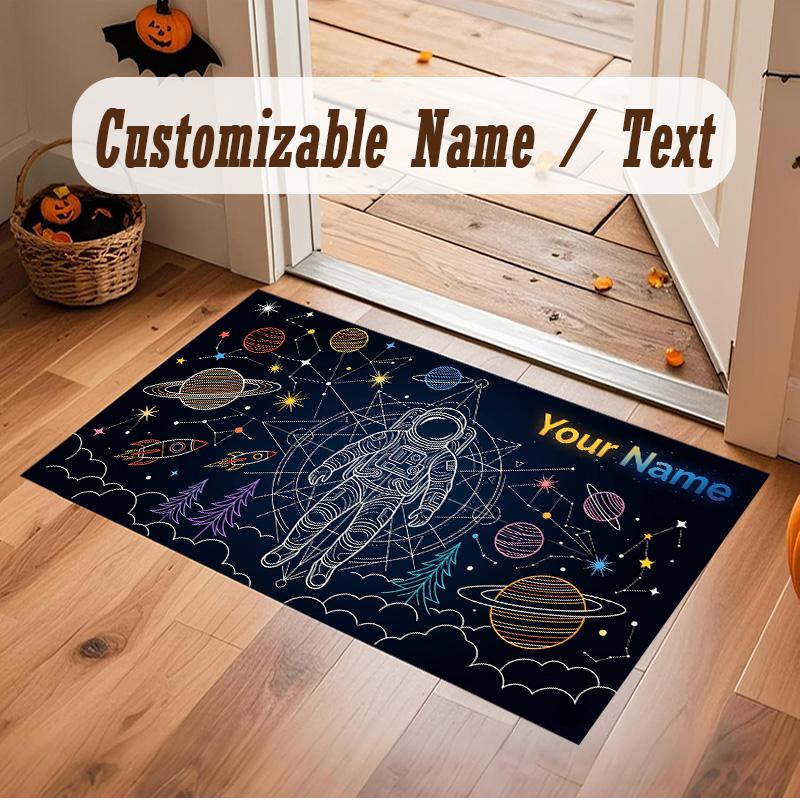 Astronaut Space Theme Soft Crystal Velvet Rug Custom Name & Text Print Non Slip Floor Rug for Bedroom Living Room