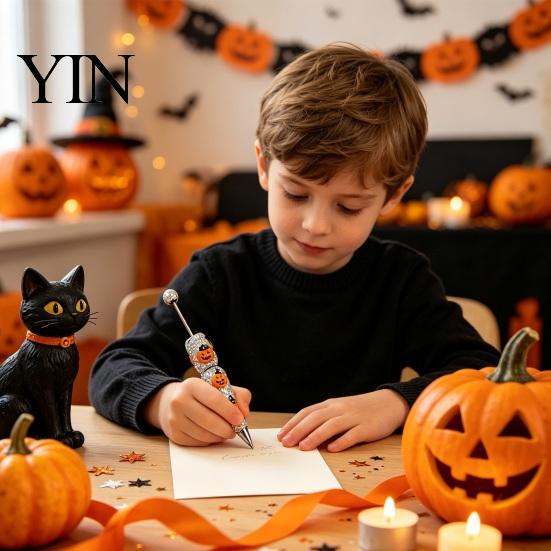 Festive Gel Ink Pen Rhinestone Beadable Pen, Glitter Plastic Beaded Halloween Pumpkin Ghost Skull Funny for DIY Craft Making, School Office
