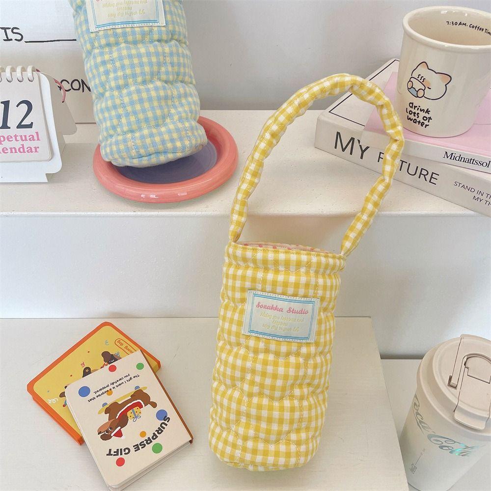 Plaid Design Water Bottle Protective Cover Heart Embroidery Thermos Cup Sleeve For Men And Women