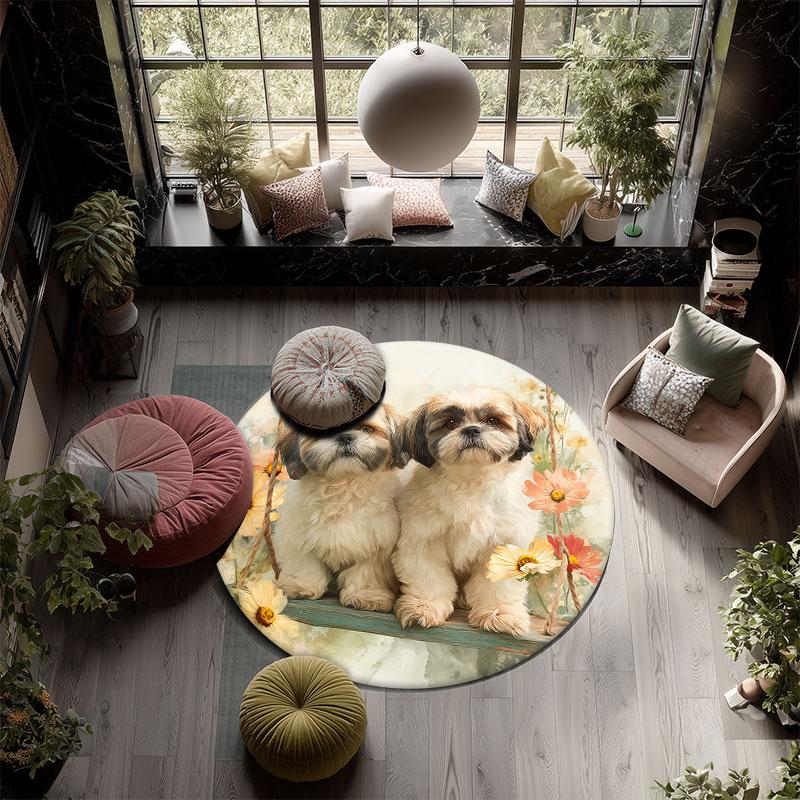 Two Shih Tzus pattern round rug,Carpet Rug for Living Room Bedroom Playroom ,Non-slip Floor Mat,Holiday Gifts and Birthday Gifts.