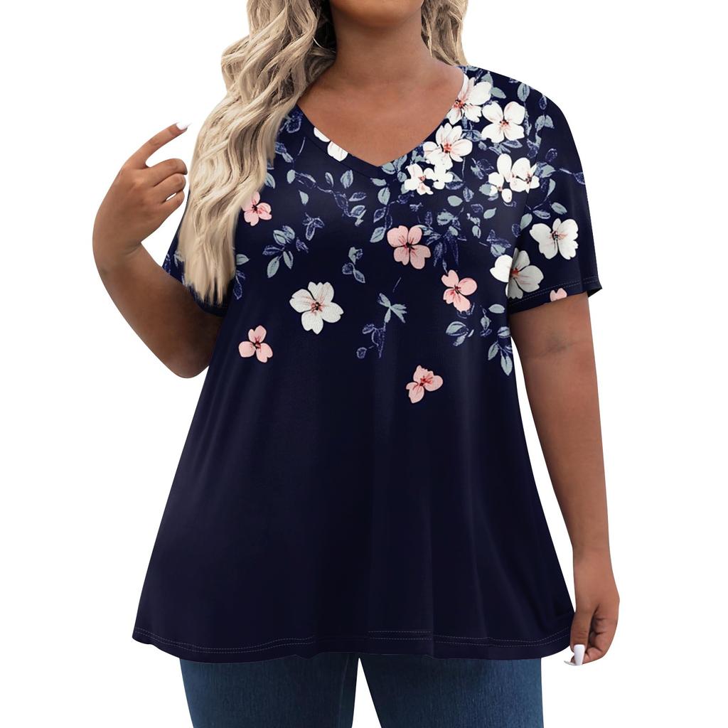 Женские топы больших размеров, шорты с рукавами, рубашки с V-образным вырезом, повседневная одежда, топы с принтами