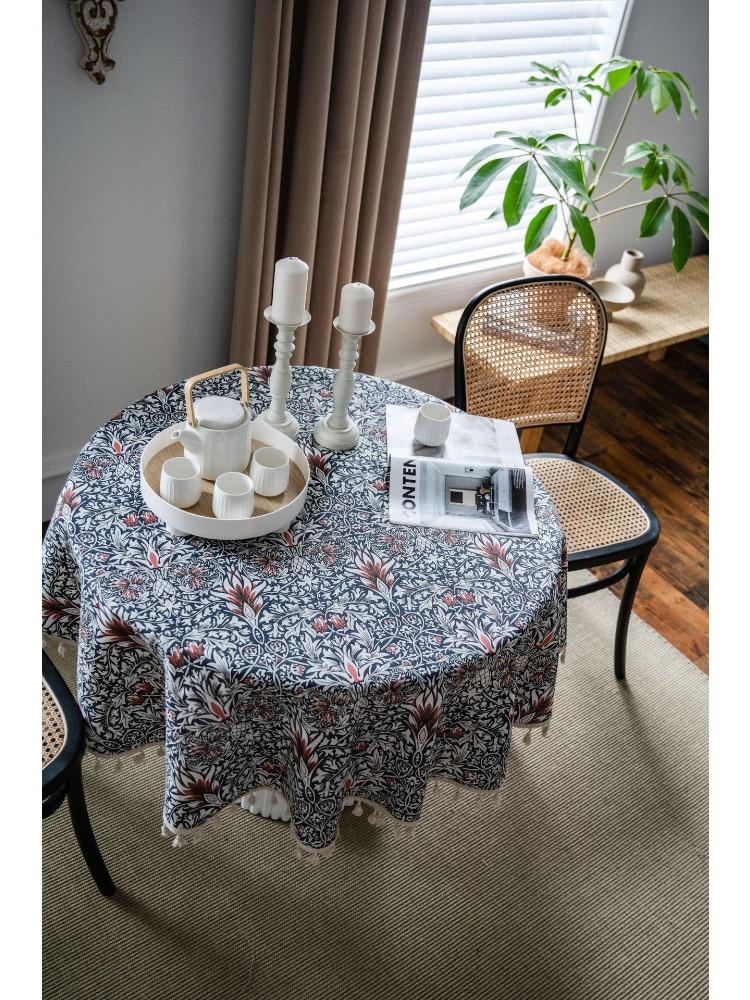 Decorative Tablecloth with Rice Base, Small Floral Print Round Green Fringe Cloth - Suitable for Holiday Dining Rooms, Living Rooms, Family Gatherings