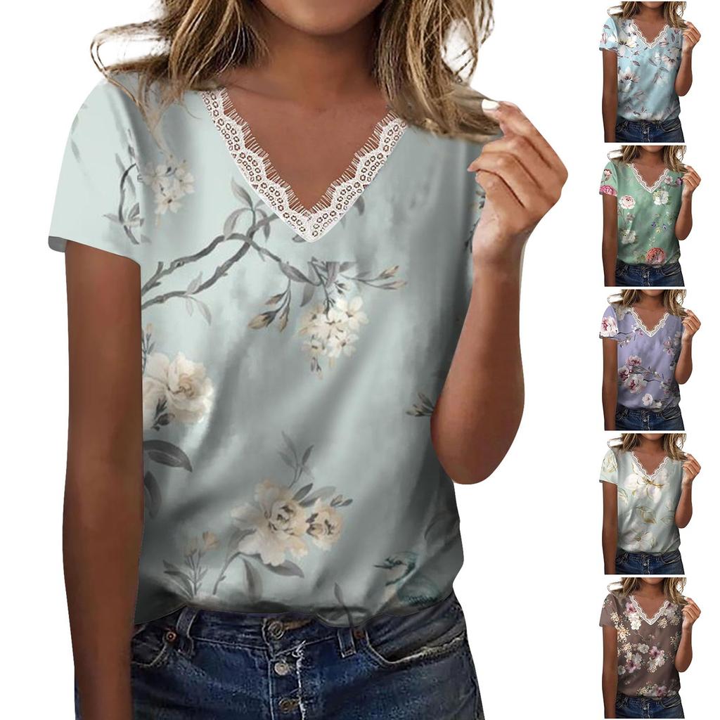 Summer Ladies V Neck Solid Color Lace Print Short Sleeve Lightweight Street Style Solid Color T-Shirt Top