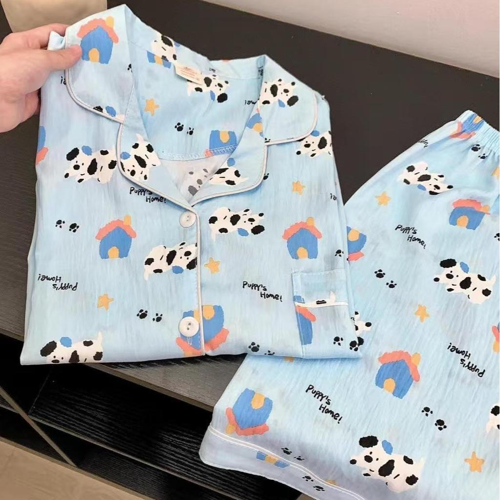 Japanese sweet blue spotted dog pajamas women's summer short-sleeved shorts can be worn outside two-piece student loungewear