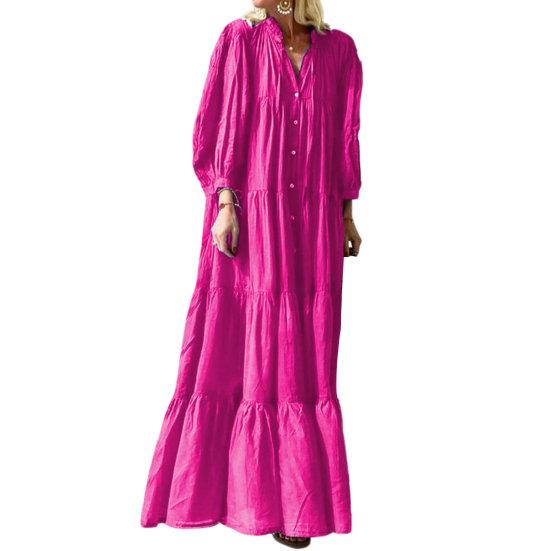 Женское платье макси с воротником-стойкой и V-образным вырезом Свободные заплатки Сплошной цвет с V-образным вырезом Половинное однобортное платье полной длины с длинным рукавом Леди Весенне-осеннее платье