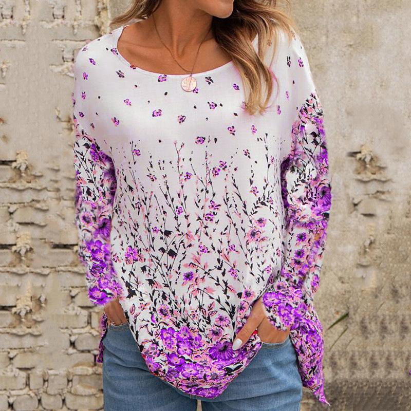 Autumn and Winter New Women's Round Neck Loose Print Flower Printing Long-sleeved Top T-shirt