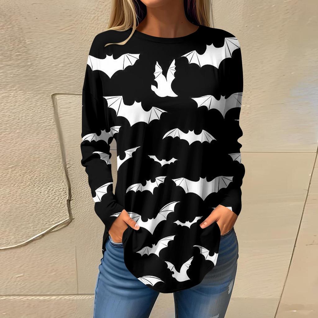 Женская свободная футболка с длинным рукавом с круглым вырезом и принтом, верхний пуловер