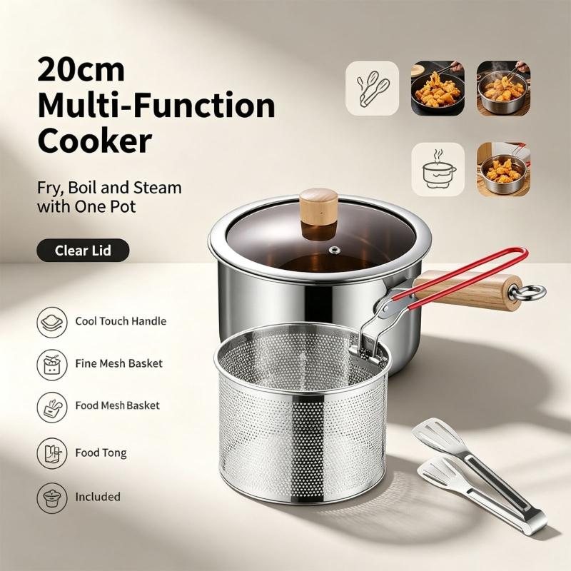Round Deep-Frying Pot with Formed Body, Perforated Draining Basket, and Food Tongs for Handling Kitchen Recipes from Cooking Through Serving