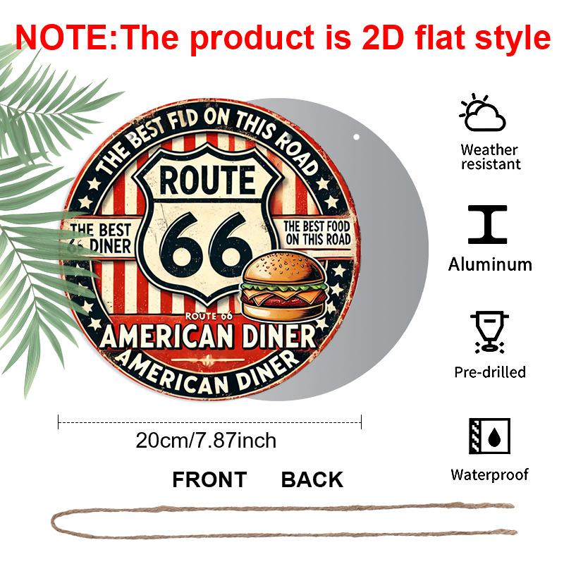 2D плоский 1 шт., 8x8 дюймов, Винтажная металлическая табличка Route 66 - Прочный алюминий, Американский ретро-декор для закусочной с классическим дизайном гамбургера, Идеально для дома