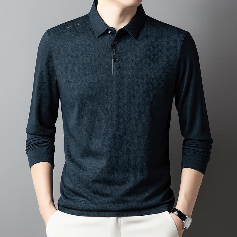 Холодный шелк прохладный длинный рукав рубашки поло мужская деловая повседневная трендовая рубашка с лацканами футболка мужская