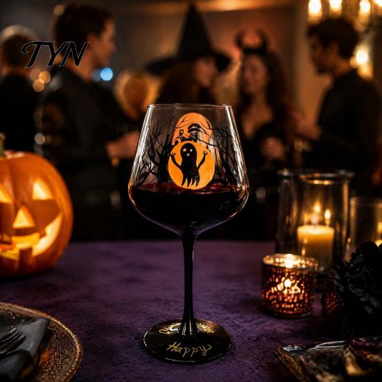 Artistic Beverage Glasses Halloween Stemmed Wine Glass, Hand Painted Drinking Goblet, Holiday Entertaining Glassware 720ml Capacity, Decorative