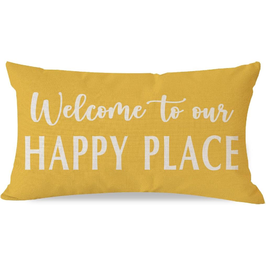 Decorative Throw Pillow Cover 12x20 Inch Welcome to Our Happy Place Black White Outdoor Modern Farmhouse Front Porch Patio Decor Lumbar Cushion Case
