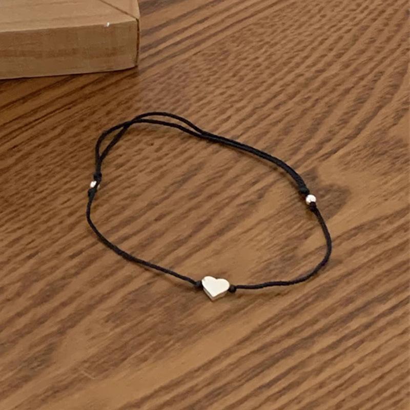 S925 Sterling Silver Heart-shaped Black Rope Bracelet for Women, Ins Sweet and Cool Style, Simple and Versatile, Small Smooth