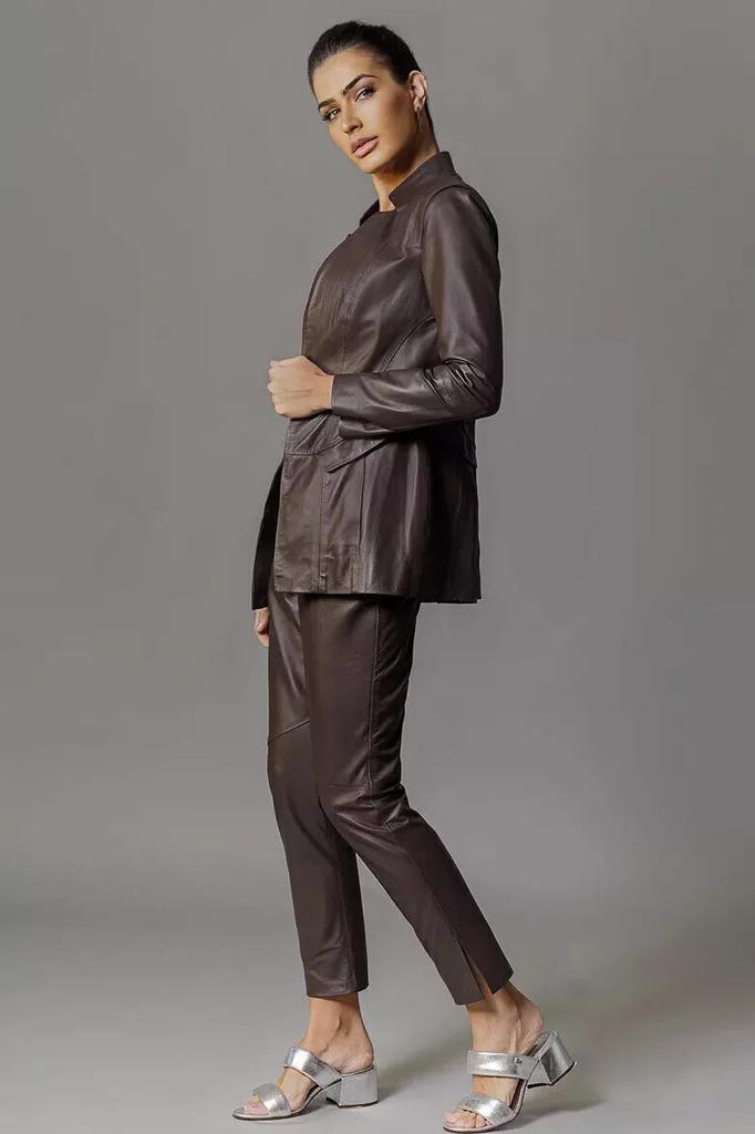 Настоящая овчина кожа коричневый стильный блейзер подлинный ручной работы женские пуговицы