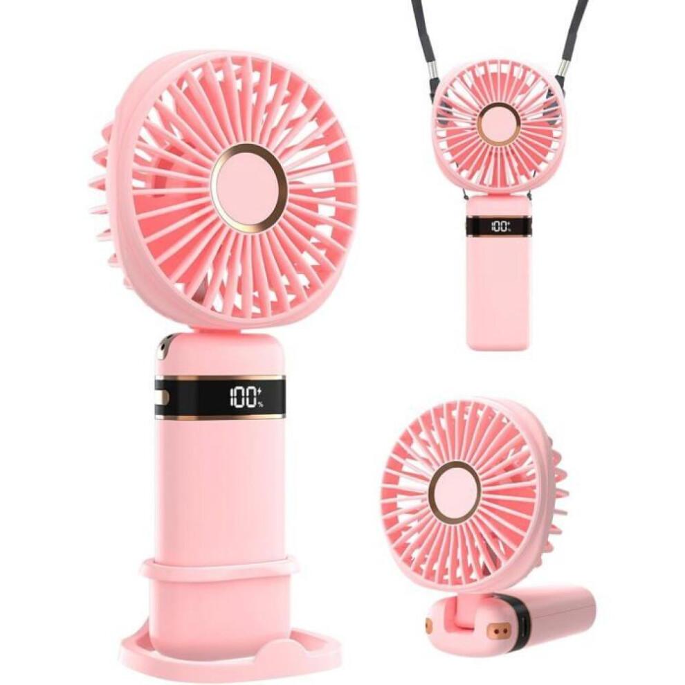 Draagbare ventilator met voet, 5 instelbare snelheden, oplaadbaar via USB, werkt op batterijen, voor vrouwen en meisjes (roze)