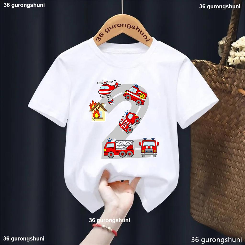 Birthday Gift Famer Tractor Fire Truck Aircraft Printed T Shirt Boys Kawaii Kids Clothes White/Blue/Yellow T-Shirt