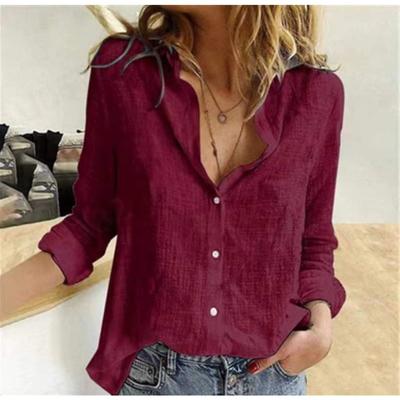 Весенне-летние топы, женская однотонная хлопково-льняная рубашка, свободная блузка с длинными рукавами и лацканами на пуговицах