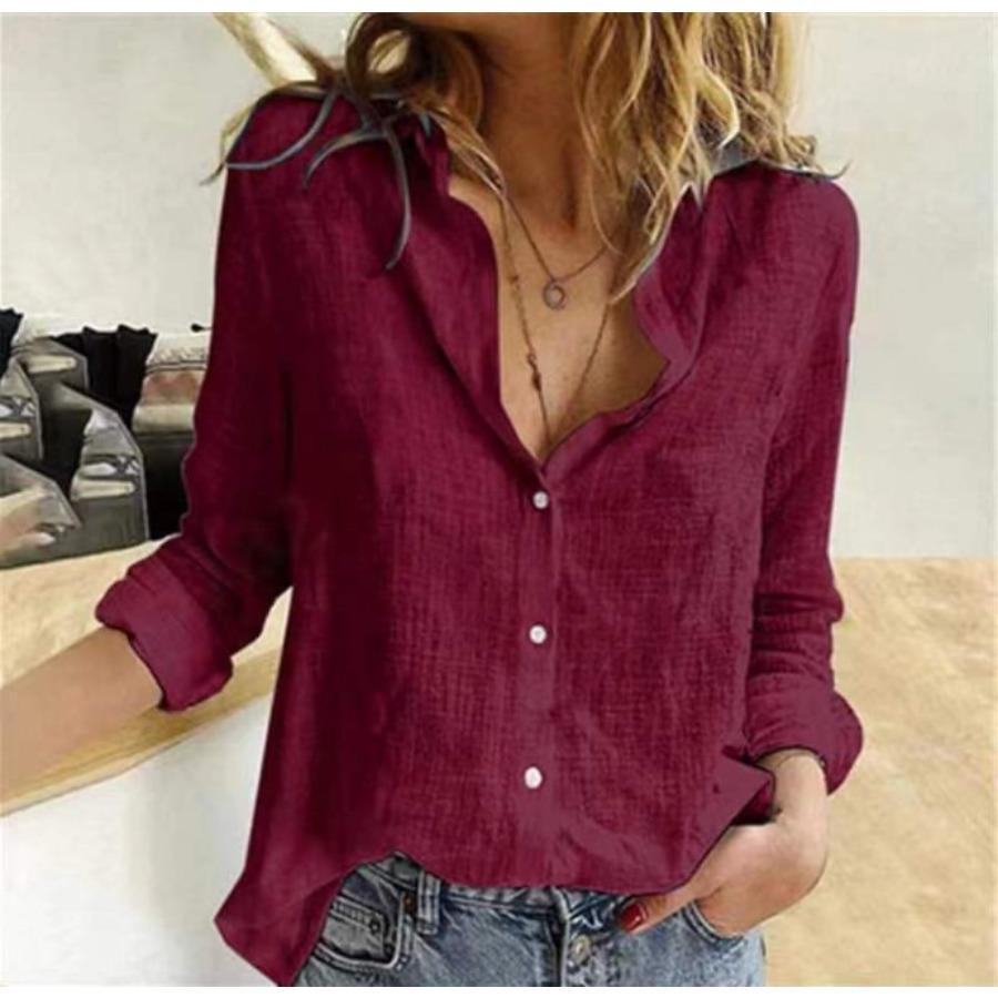 Весенне-летние топы, женская однотонная хлопково-льняная рубашка, свободная блузка с длинными рукавами и лацканами на пуговицах