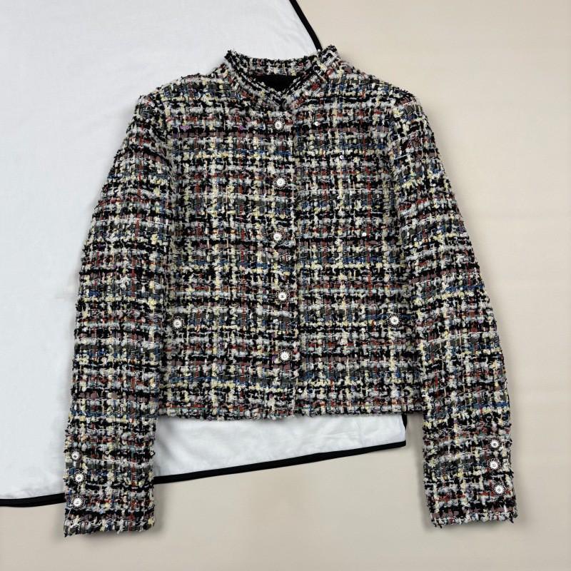 2026 Womens Silk-Lined Tweed Cropped Jacket With Stand Collar Colorful Sequins Plaid