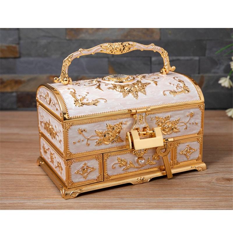 Металлическая шкатулка для украшений, многослойная, большая вместимость, ручка для хранения украшений с зеркалом