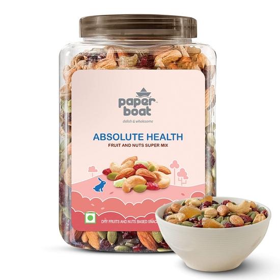 Смесь сухофруктов Paper Boat Absolute Health, премиум-смесь для перекуса | Миндаль | Кешью | Клюква | Тыквенные семечки | Засахаренная амла, многоразовая банка (1000г)