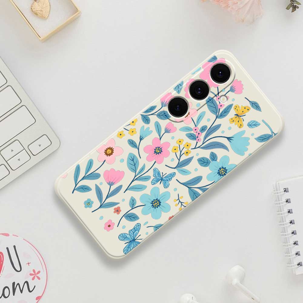 For Samsung Galaxy S25 FE Case Blue Pink Flowers Pattern Printing Straight Edge TPU Phone Back Cover