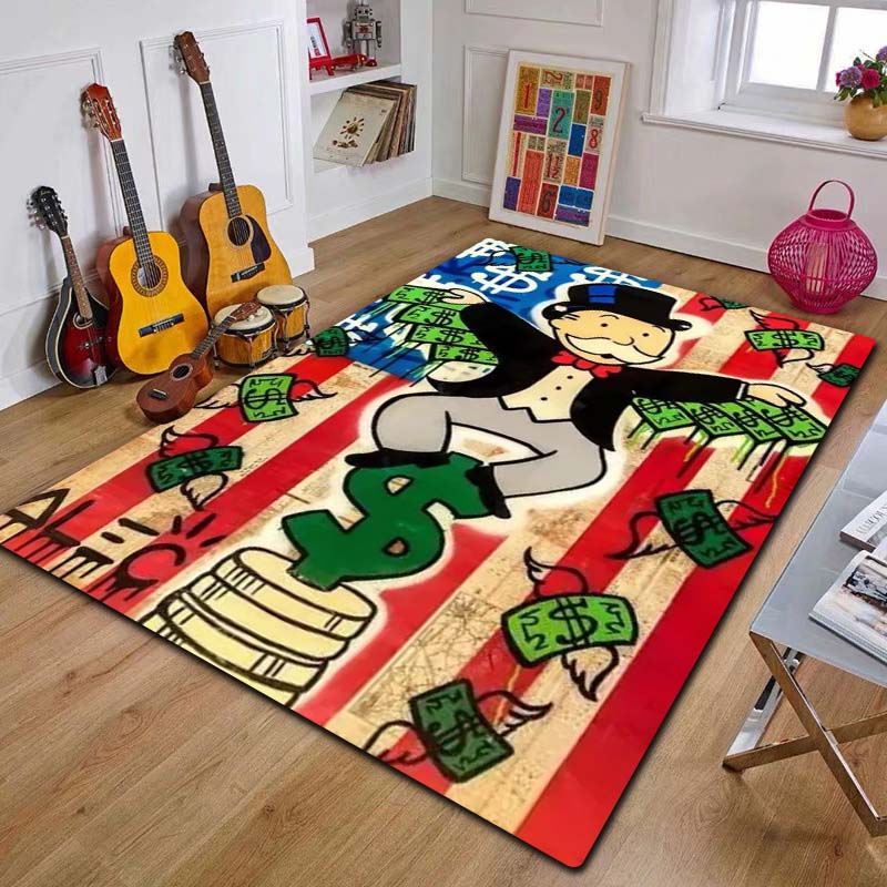 3D Rich Man Game Monopoly Dollar Cartoon Print Flannel Area Rug Non-Slip Floor Mat For Bedroom Sofa Living Room Home Decor Gift