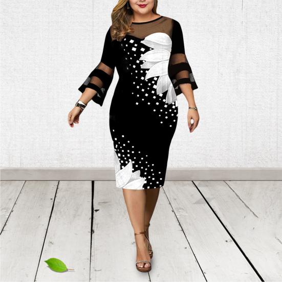 Женские нижние юбки больших размеров, женское платье с цифровым принтом, сетчатое лоскутное элегантное облегающее платье до середины икры с расклешенными рукавами для свадьбы