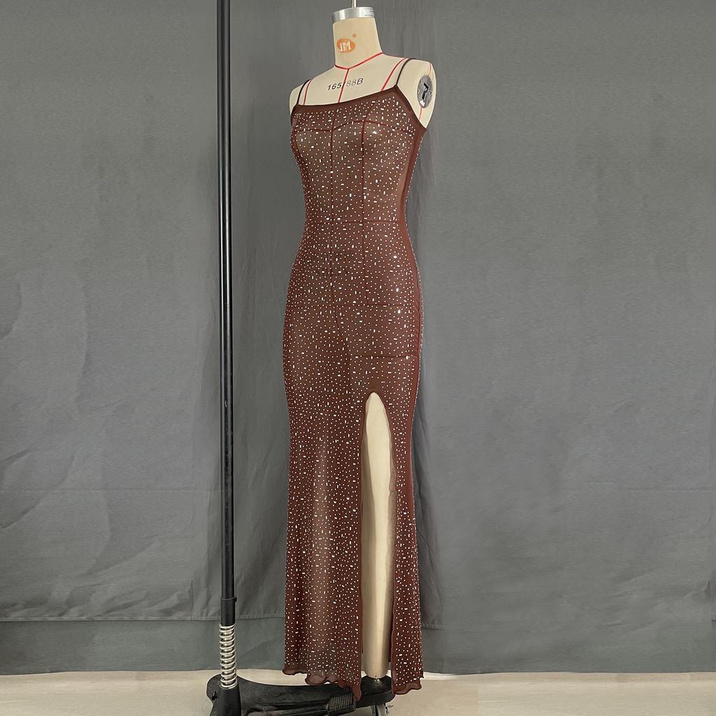 Women's Shiny Diamonds Sexy Halter Split Long Dresses