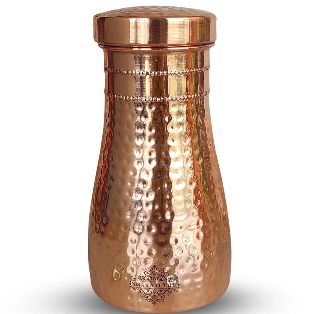 Бутылка для воды для спальни из чистой меди со встроенным стеклом, кованым блестящим дизайном, посудой для питья и предназначением для хранения, 1 литр (Упаковка из 2 шт.)