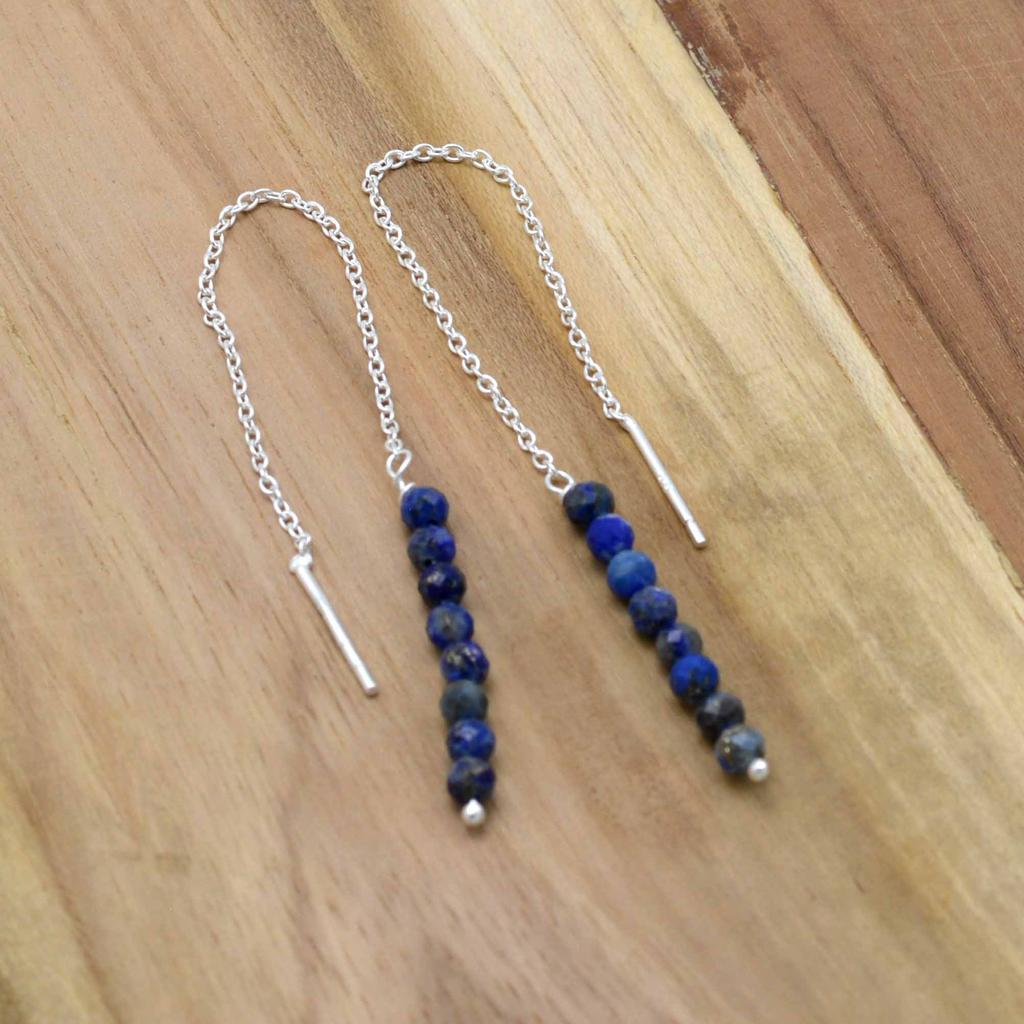 Lapsi Lazuli 925 Silver Threader Earrings, Natural Gemstone Women Handmade Fringe Earrings