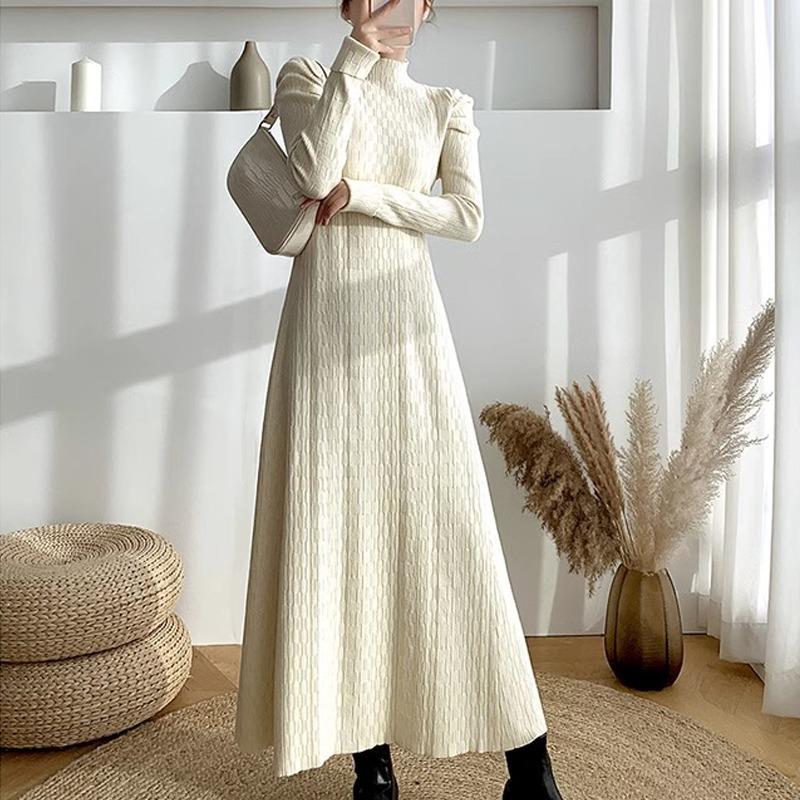 2024 A/W High Waist Knit Sweater Dress with High Neck and A-Line Skirt