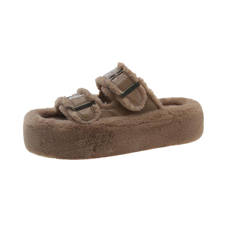 Толстые пушистые тапочки с эффектом возвышения подошвы для женщин, большие размеры, новые осенне-зимние тапочки с пряжкой для ремня, для офиса и дома, хлопковая швабра