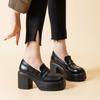 Inner Height Increase Small Leather Shoes Round Head Platform Loafers Women'S One-Pedal Black Single Shoes Thick Heel British Style
