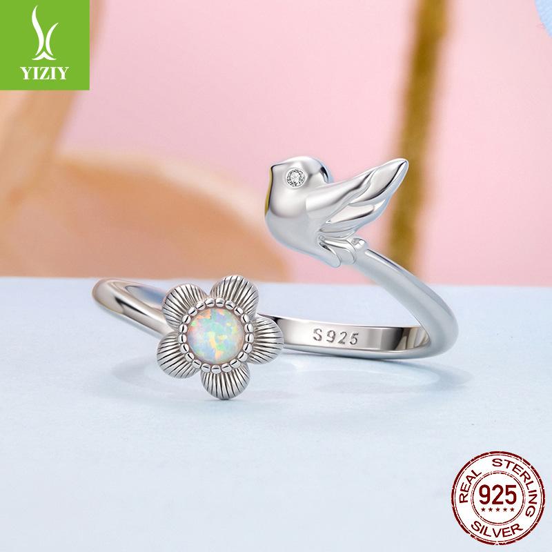 S925 Whole Body Sterling Silver Flower And Bird Open Ring, Versatile Small Exquisite Ring, Bright Silver Ins Style